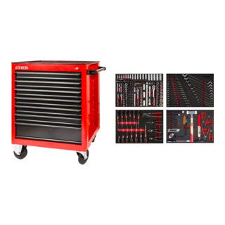 STIER Servante d'atelier garnie 241 pièces, 7 tiroirs, jeu de douilles - 179 pcs, jeu de tournevis/pinces - 17 pcs, kit d'outillage universel 18 pcs, chariot d'atelier, chariot de montage