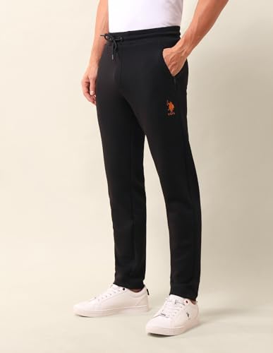Image of U.S. Polo Assn. Men's Black Solid Mid Rise Cotton Drawstring Slim Fit Flat Front Slit Pocket Track Pants