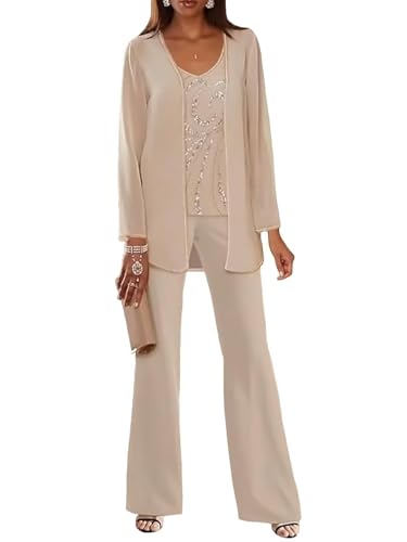 3 Pieces Mother of The Bride Pant Suits for Women Dressy Sequin Formal Wedding Dress with Jacket