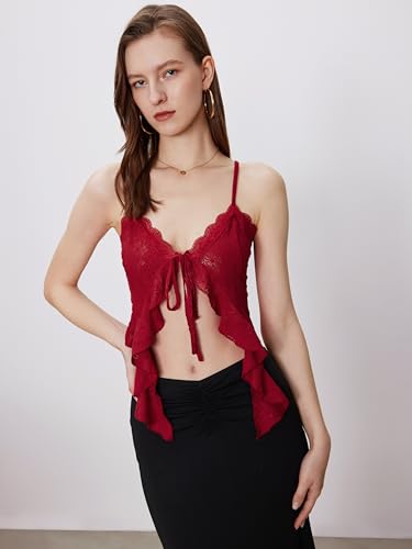 CIDER Going Out Tops for Women Y2K Tie Front Asymmetrical Ruffle Hem Lace Spaghetti Strap Cowgirl Crop Tops3