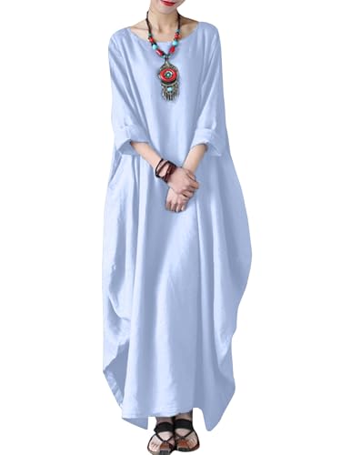 Image of Celmia Autumn Solid Loose Long Maxi Dress Cotton Caftan