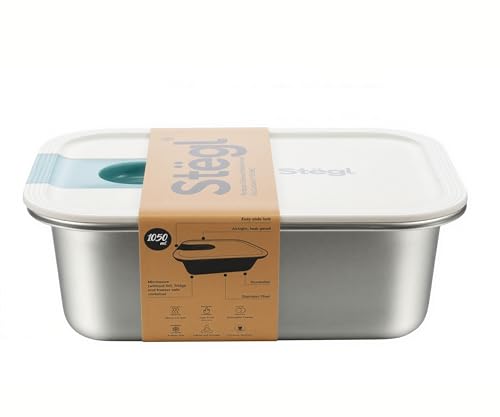 Image of STEGL 1050ml Rectangle Glide-ease Stainless Steel Food Storage Container | Premium 304 Grade Stainless Steel Base | One-Handed Easy-Slide Unlock Lid with Pull-Ring | Airtight & Leak-Proof