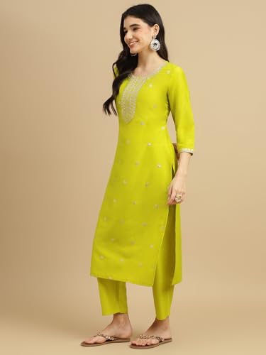Image of J TURRITOPSIS Women's Embroidered Chinon Kurta and Pant with Dupatta Ethnic Set (414-03-XL Neon)