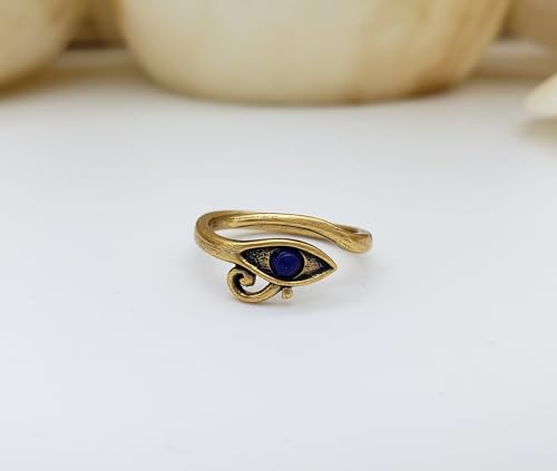 Egyptian Eye of Horus Ring with Lapis - Adjustable - Antique Gold Plated3