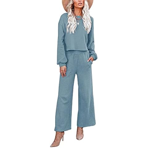 REORIA Two Piece Outfit Women Tracksuit Gym Set Elastic Waistband Wide Pant Leg with Side Pockets Blue S Cover