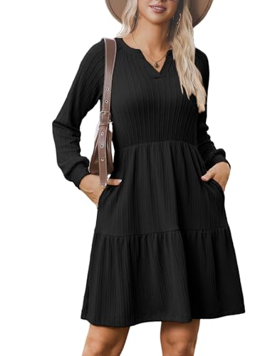 Zeagoo Kleid Damen Elegant V-Ausschnitt Strickkleid Langarm A Linie Gerippt Herbstkleid Knielang Pulloverkleid Mit Taschen Schwarz M