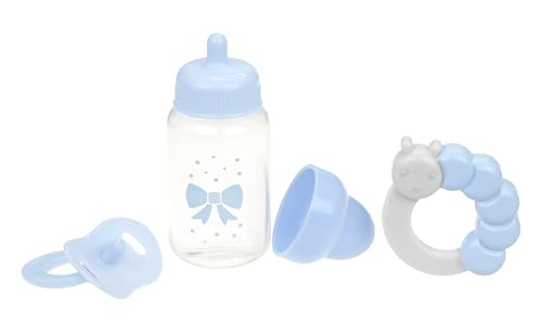JC Toys Blue Baby Doll Bottle, Rattle & Pacifier Set for Keeps Playtime! | Fits Many Dolls up to 15