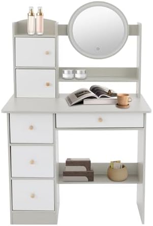 Grey Makeup Vanity Desk with LED Mirror, Princess Dressing Table for Girls, 31.5"x16"x51" with Storage Drawers & Shelves, for Kids & Teens