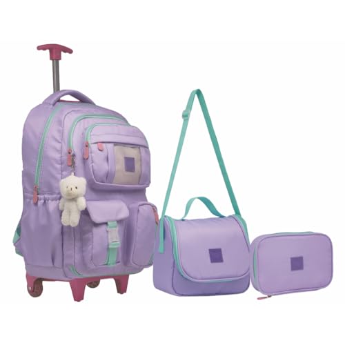 Kit Mochila de Carrinho Meninas Infantil Crianças Com Lancheira Térmica Estojo com Chaveiro de Ursinho (Lilás)