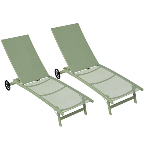 Outsunny Lot de 2 Bains de Soleil transat Chaise Longue inclinable en Aluminium et textilène avec roulettes Dossier Multipositions Charge Max. 150 Kg Vert foncé