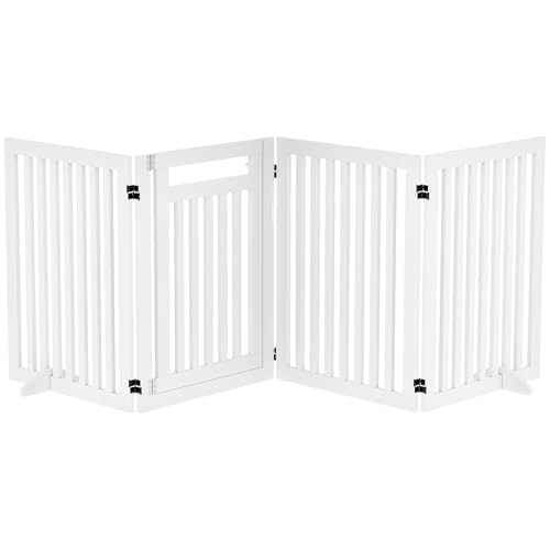 PawHut Absperrgitter Hund Freistehendes Treppengitter mit Füßen Holz 240 x 81 cm Hundegitter Schutzgitter Treppenschutzgitter für Treppen, Türen, Türschutzgitter für Küche, Flur, 4 Paneelen, Weiß