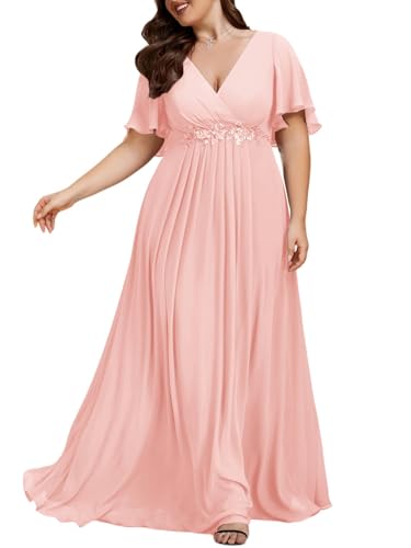 Image of Ever-Pretty Short Sleeves V Neck Plus Size Formal Dresses for Curvy Women Chiffon Mother of The Bride Dress Evening Gowns