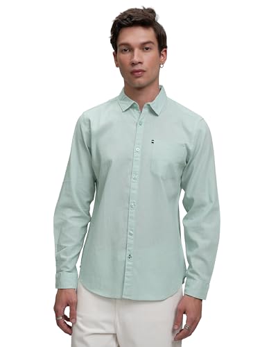Image of Highlander Men's Blue Solid Slim Fit Casual Shirt | Sleek & Versatile | A Timeless Wardrobe Essential
