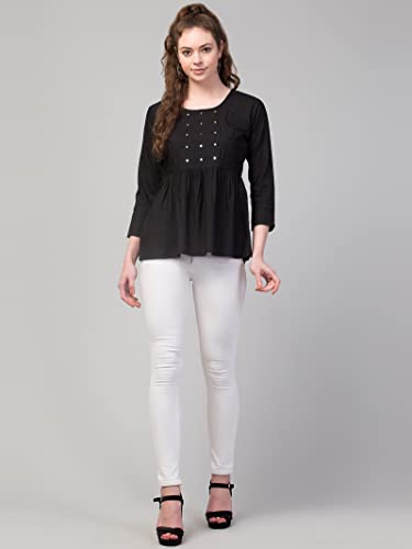 Image of FIMS - Fashion is my style Women Cotton Pleated & Gathered Embroidery Stone Full Sleeves Top Regular Fit Round Neck Tops for Girls