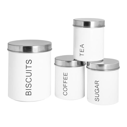 Harbour Housewares Round Kitchen Canisters Set - 4pc Set - White - Metal Kitchen Storage Tea Coffee Sugar Canisters Bread Bin Cookie Jar Biscuit Barrel with Airtight Lid