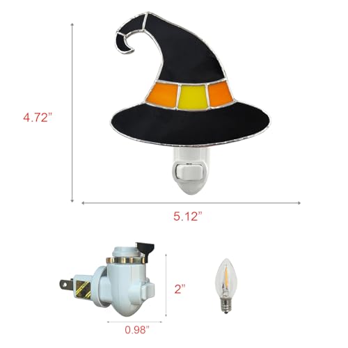 Image of CHEZBABY Stained Glass Night Light Plug into Wall Lamp Decorative Accent Nightlight for Hallway Bedroom Bathroom Kitchen Home Halloween Decor(Witch Hat Yellow)