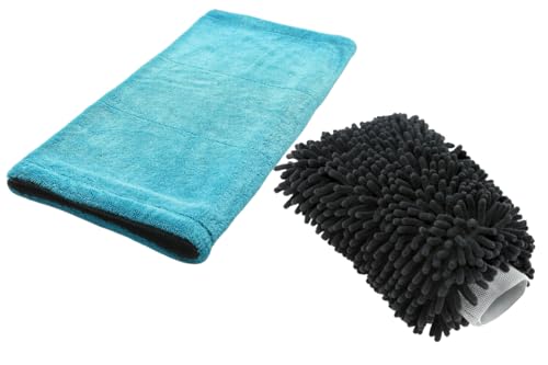 Image of Auto Hub Microfiber Car Cleaning Cloth and Wash Mitt Kit - Includes Ultra Soft 1200 GSM Extra Large (60x40 CM) Microfiber Cloth for Car and Dual Sided Chenille Microfiber Wash Mitt 1700 GSM