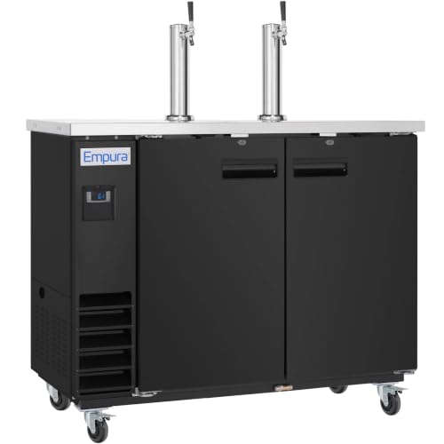 Empura 49" Dual Tap Beer Dispenser | Commercial Direct Draw Draft Kegerator for Restaurant Bar | (2) 1/2 Keg Capacity | 49.1"W x 24.4"D x 36.2"H, Stainless Steel Faucet Countertop, Black, 115v, NSF