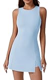 QINSEN Womens Crew Neck Workout Dress Side Slit Tennis Dress Build in Shorts with Pocket Light Blue M