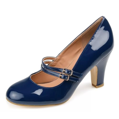 YDN Women's Cute Round Toe Heeled Mary Janes Shoes Mid High Heels Double Buckle Strap Pumps Comfy Lady Girls Daily Shoes Size 4-16 US