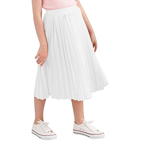 GORLYA Girls Chiffon Pleated Elastic High Waist A-Line Boho Swing Maxi Long Skirt 4-14T, White, 8 Years Cover