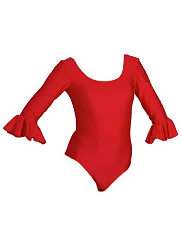 Maillot de Lycra de Manga Media con Volante. (Rojo, 4 años)