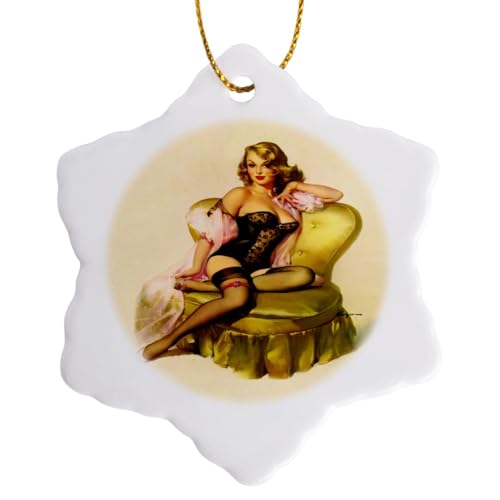 3dRose Pinup Waiting in Lingerie 3 inch Snowflake Porcelain Ornament