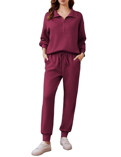 Image of PINSPARK 2 Piece Sets for Women Long Sleeve Half Zip Tracksuit Jogger Sets | 2026 Fall Travel Outfits Lounge Set, Lightweight Soft Air Layer Fabric, Kangaroo Pocket Sweatshirt, Drawstring Joggers Pants