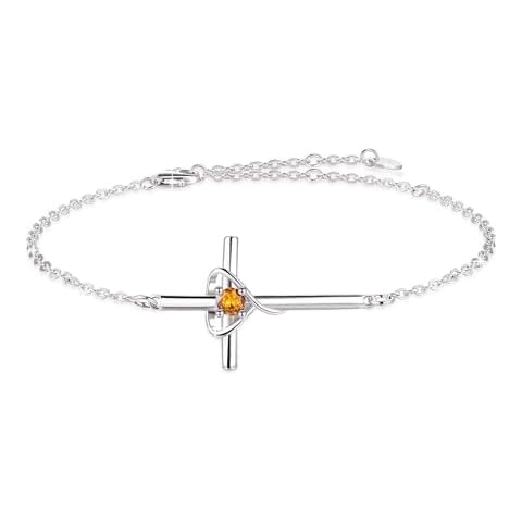 YZSFMZGE Birthstone Bracelet 925 Sterling Silver November Birthstone Bracelets for Women Cross Heart Citrine Bracelet Adjustable Bracelet Birthstone Jewelry Gift for Birthday Cover
