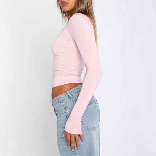 Women's Long Sleeve Shirts Slim Fit Going Out Crop Tops Casual Solid Color Crew Neck Tee Tight Streetwear4