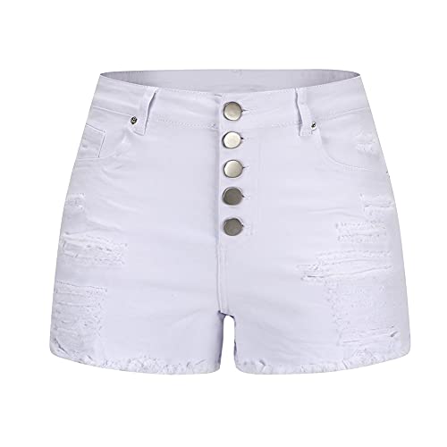 Image of THUNDER STAR Women Mid Rise Ripped Stretchy Jeans Shorts Frayed Raw Hem Casual Denim Shorts