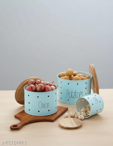 Image of Set of 3 Potato Onion & Garlic Storage Container For Kitchen | Storage Container For Kitchen Storage with Lid. (Blue)