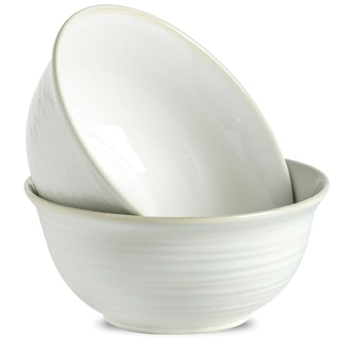 Hasense Serving Bowls, 9 Inch Ceramic Salad Bowls for Kitchen, 84 Ounce Mixing Bowl for Soup Pho Pasta Popcorn, Dishwasher & Microwave Safe, Set of 2(Clay-Infused White)