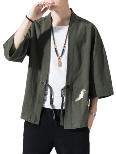Image of Men's Japanese Kimono Cardigan Loose Cotton Linen 3 /4 Sleeve Open Front Casual Summer Shirt Jackets