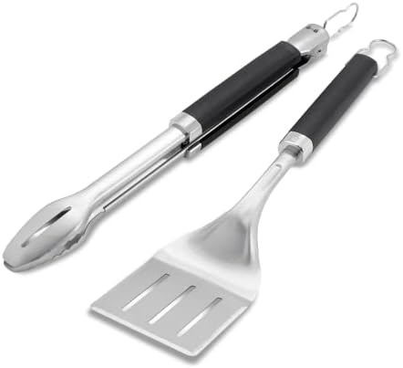 Weber 6763 Precision Tongs & szpatułka zestaw premium sztućców do grilla, 2-częściowy, czarny/srebrny