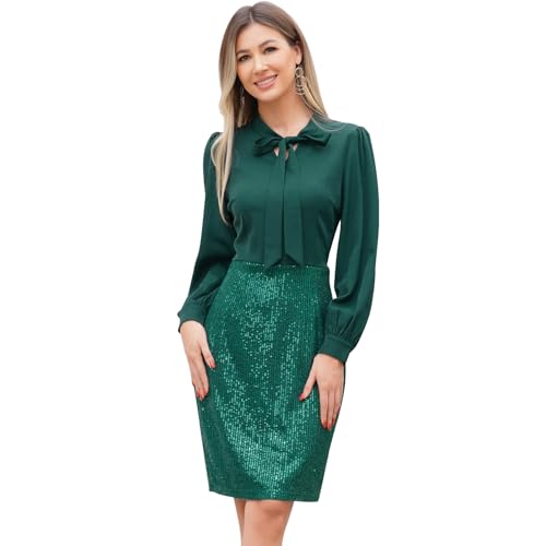 OBEEII Women's Sequin Bodycon Pencil Dress Tie V Neck Long Sleeve Sparkly Cocktail Dress Elegant Formal Night Party Dresses