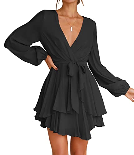 image for ZESICA Women's Wrap V Neck Dress Long Sleeve 2023 Tie Waist Ruffle Hem