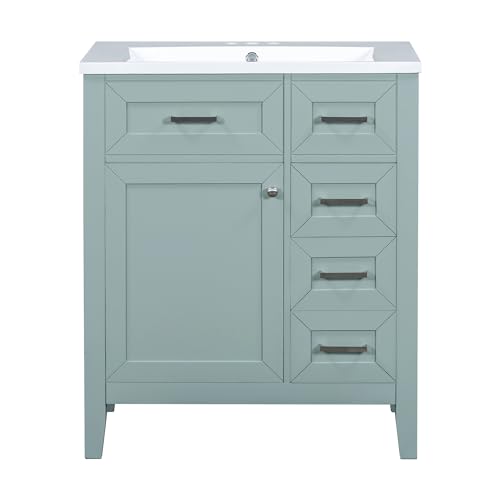 Image of Favfurish 30 inch Bathroom Vanity with Ceramic Sink,Undermount Single Basin Bath Vanity Set w /Soft-Close Door and 3 Drawers,Modern Freestanding Storage Cabinet,Solid Wood Frame,Green