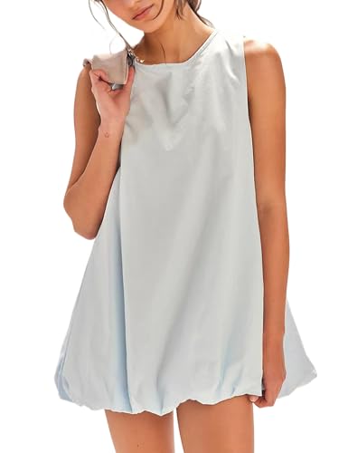 Women Summer Sleeveless Bubble Mini Dupe Dress Keyhole Tie Back Short Sun Anthropologie Dresses Casual Sundresses with Pockets (Blue,Small)