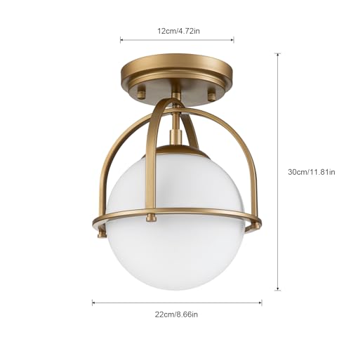 Image of Gold Semi Flush Mount Ceiling Light 8.7 inch Milk Glass Globe Ceiling Light Fixture Mid Century Modern Small Chandelier for Hallway Kitchen Bedroom or Schoolhouse Light Fixture