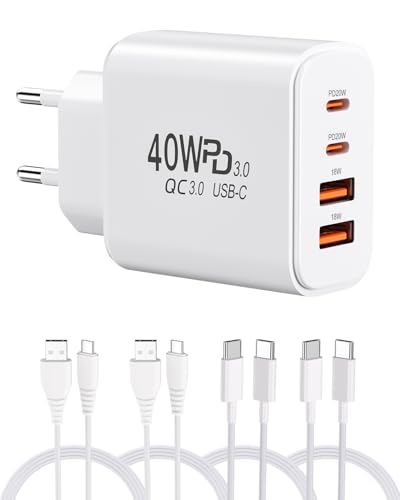 40W USB-Ladeger&auml;t mit 4 Kabeln, 2 USB-C + 2 USB-A Anschl&uuml;ssen Wandladeger&auml;t f&uuml;r iPhone, Samsung, Android, iPad, Tablet - Kompakter Reise- und Homeoffice-Schnellladeadapter (1 Stecker + 4 Kabel)