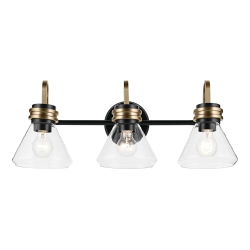 Image of Kichler Farum 26 inch 3-Light Bathroom Vanity Light Fixture with Clear Glass in Black, Modern Wall Mount Over Mirror for Single or Double Vanity, Powder Room (26 inch x 9.5 inch x 9.5 inch), 55155BKCLR