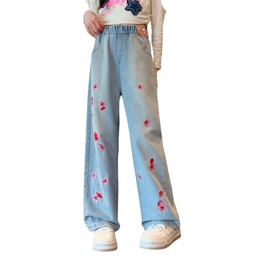 Girls Baggy Jean Casual Wide Leg Denim Pants Flower Embroidered Elastic Waist Kid Trousers Size 4-14 Years