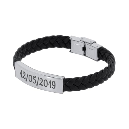 DEREGALOOS Pulsera de Piel Sintética con Placa Metálica Personalizada. Pulsera con Grabado Láser para Hombre y Mujer. Regalos Elegantes, Ajustables y Resistentes (Placa Plata)