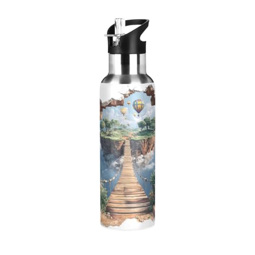 Botella de agua para gimnasio a prueba de fugas, sin BPA, 3D, óptica, puente de madera, isla colorida con pajilla, caliente y frío, doble pared, para niños y niñas, 32 onzas
