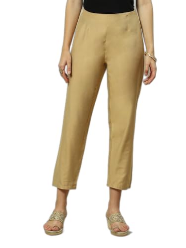 Image of Rangriti Gold Viscose Straight Solid Slim Pants for Women