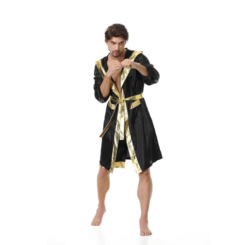 Colorful House Men'S Satin Black Boxing Robes Adult Hooded Boxing Costume With Shorts Set thumb #3