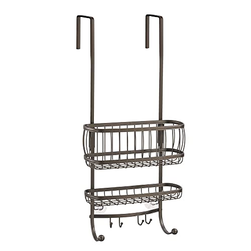 Mdesign Metal Wire Over Door Bathroom Tub & Shower Bath Caddy, Hanging Storage Organizer Center - Holds Shampoo, Conditioner, Body Wash, Razor, Towel - 2 Baskets, 6 Hooks - Hyde Collection - Bronze #TOP4