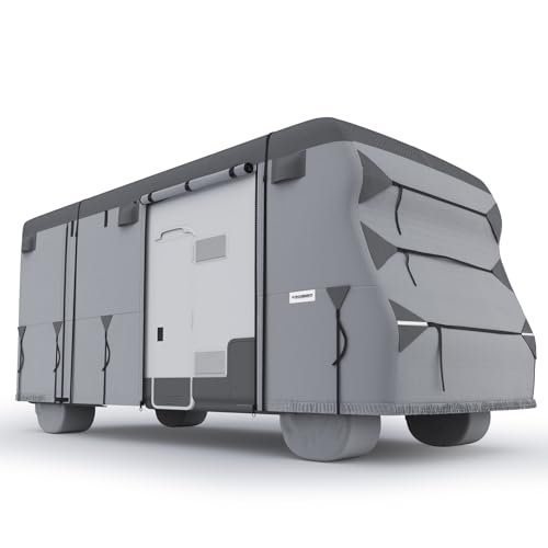KING BIRD Class C RV Cover, Upgraded Heavy Duty 600D Oxford Camper Cover, 100% Waterproof Anti-UV Windproof Ripstop,Fits 23-26ft, Breathable RV Storage Cover, with 4 Tire Covers & 6 Gutter Covers