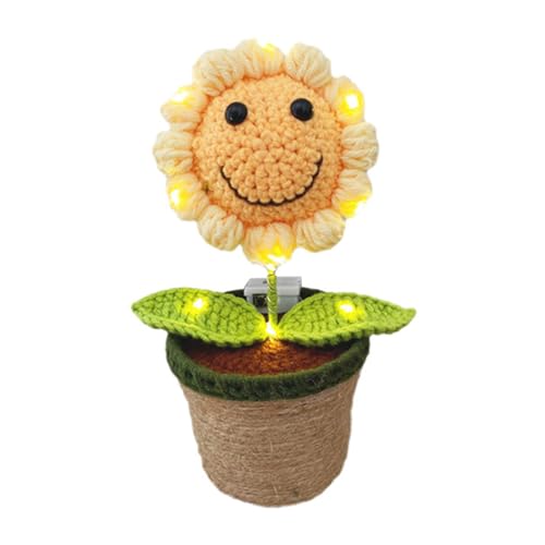 PANGBOER Décors De Pots De Tournesols Souriants Crochet Faits À La Main avec Lumière LED Ornement Artisanal en Fil Tricoté pour La Maison Le Bureau Les Fêtes Handmade Crochet Tournesols Decors